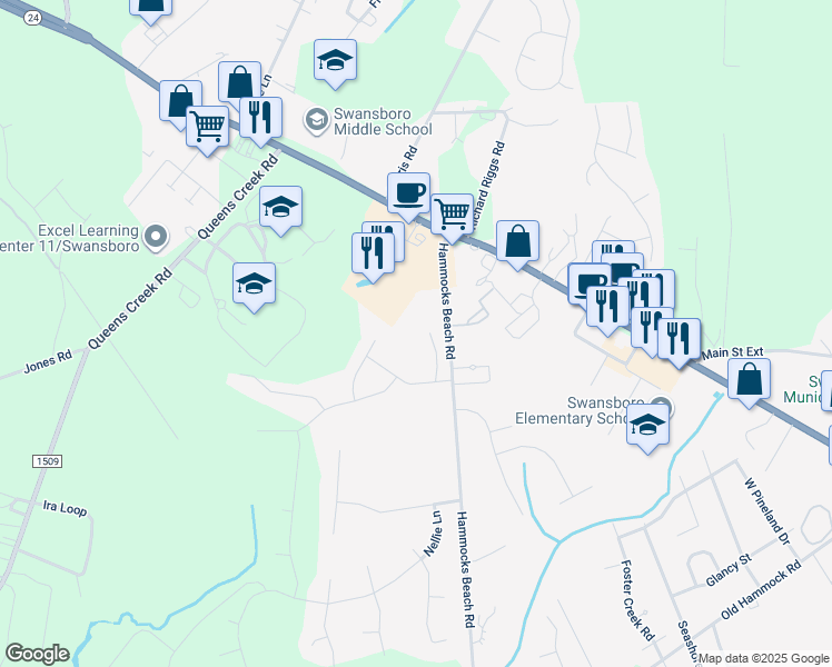 map of restaurants, bars, coffee shops, grocery stores, and more near 213 Spoonbill Court in Swansboro