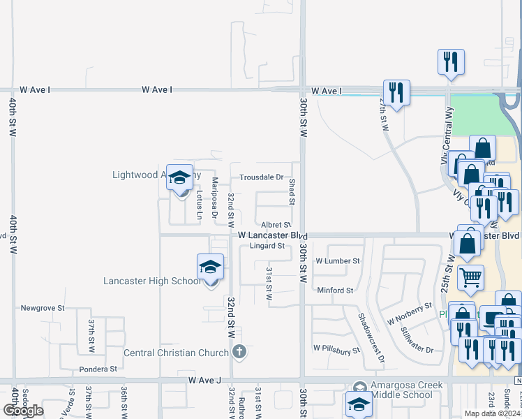 map of restaurants, bars, coffee shops, grocery stores, and more near 44844 Dusty Road in Lancaster