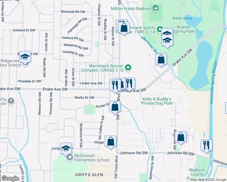 map of restaurants, bars, coffee shops, grocery stores, and more near 3205 Drake Avenue Southwest in Huntsville