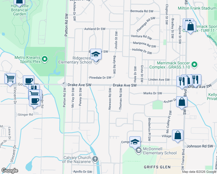 map of restaurants, bars, coffee shops, grocery stores, and more near 3800 Newson Road Southwest in Huntsville
