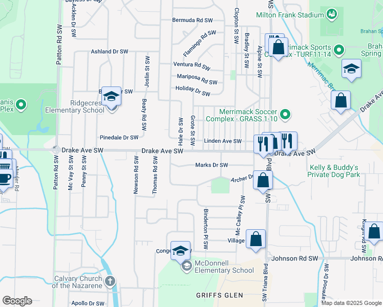 map of restaurants, bars, coffee shops, grocery stores, and more near 3509 Drake Avenue Southwest in Huntsville