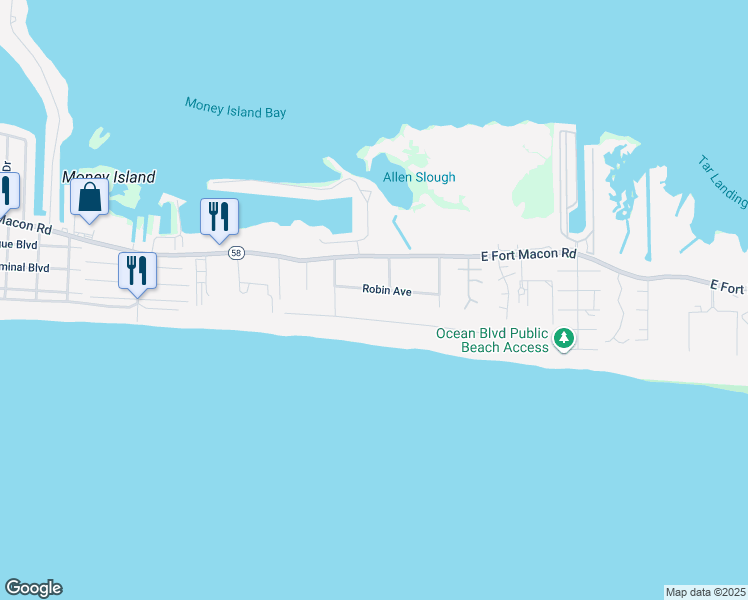 map of restaurants, bars, coffee shops, grocery stores, and more near 114 Robin Avenue in Atlantic Beach