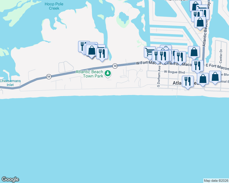 map of restaurants, bars, coffee shops, grocery stores, and more near 315 Ocean Ridge Drive in Atlantic Beach