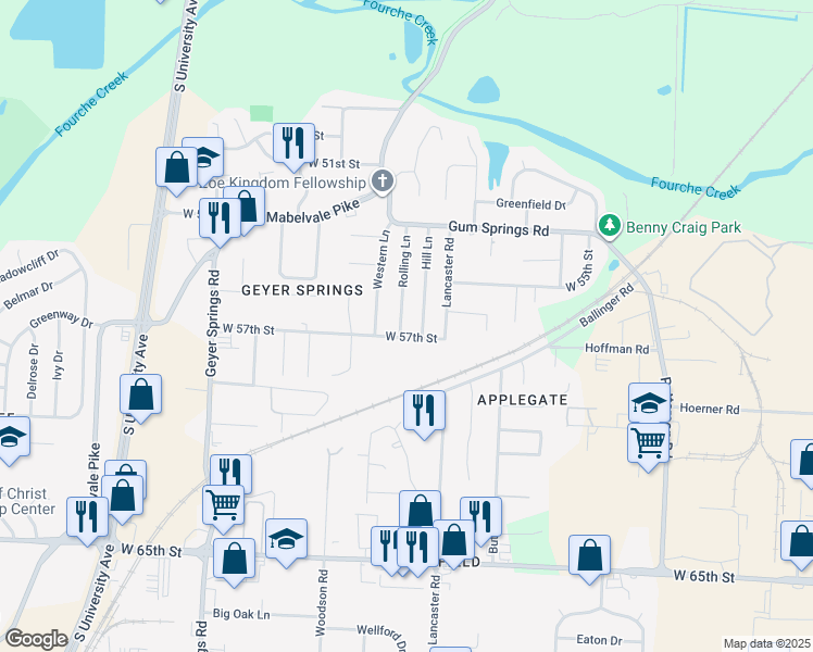 map of restaurants, bars, coffee shops, grocery stores, and more near 35 Rolling Lane in Little Rock