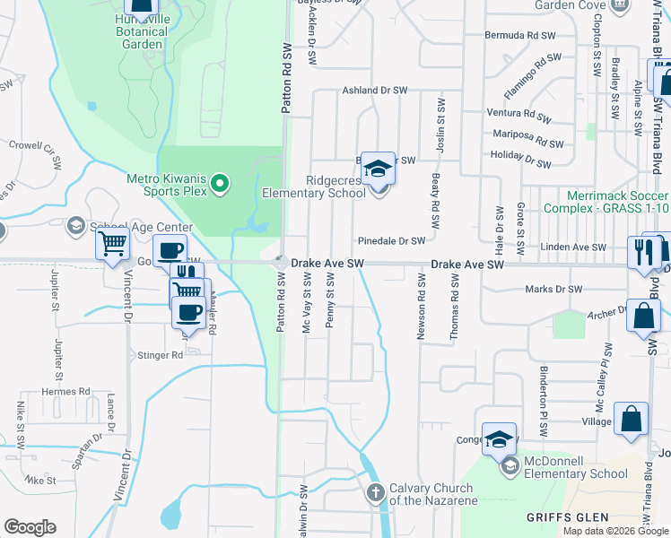 map of restaurants, bars, coffee shops, grocery stores, and more near 3925 Drake Avenue Southwest in Huntsville