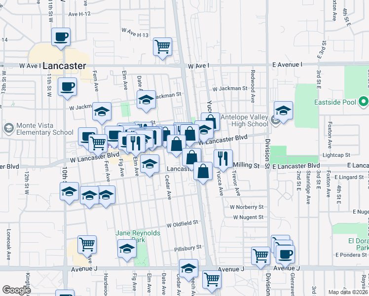 map of restaurants, bars, coffee shops, grocery stores, and more near 516 West Lancaster Boulevard in Lancaster