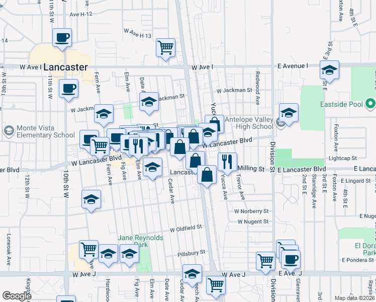 map of restaurants, bars, coffee shops, grocery stores, and more near 516 West Lancaster Boulevard in Lancaster