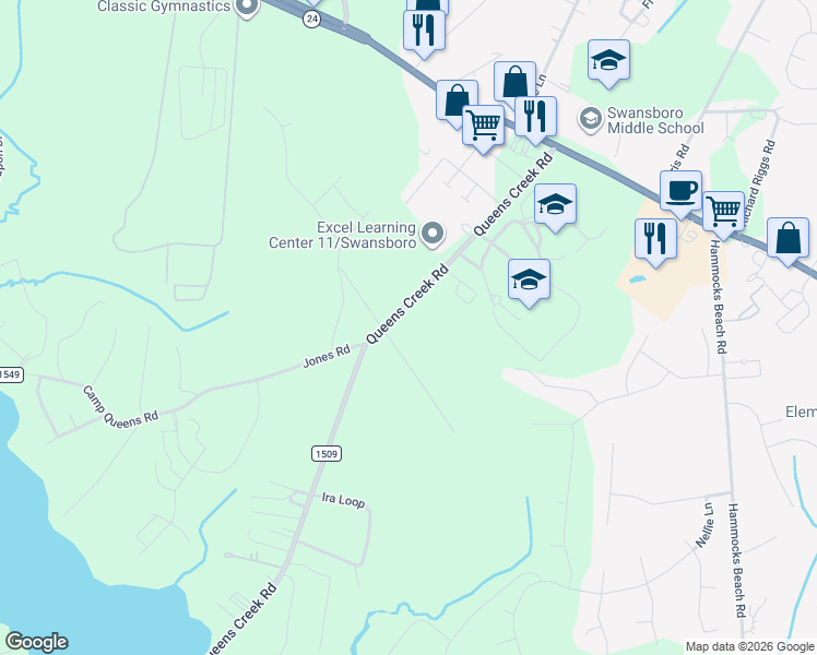 map of restaurants, bars, coffee shops, grocery stores, and more near 209 Queens Creek Road in Swansboro