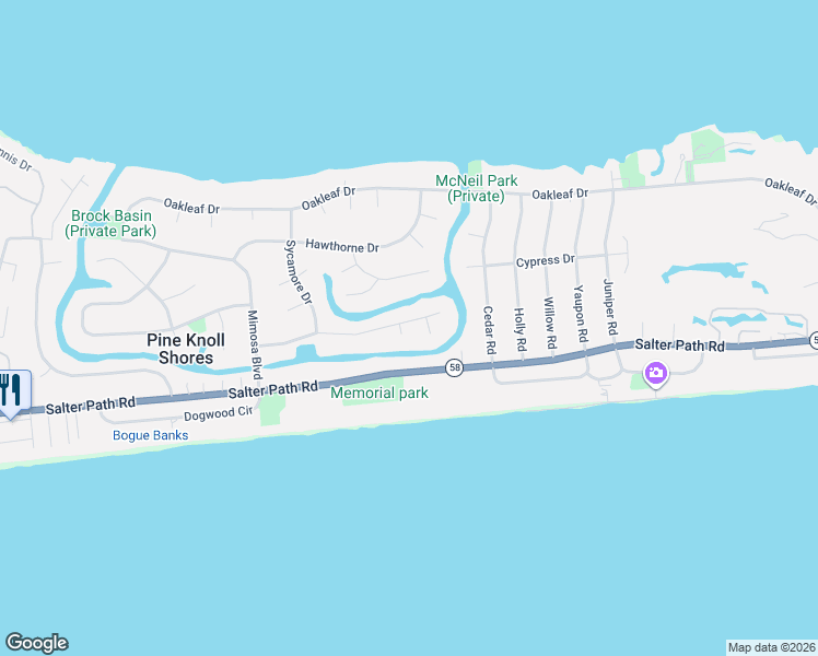 map of restaurants, bars, coffee shops, grocery stores, and more near 136 Beechwood Drive in Pine Knoll Shores