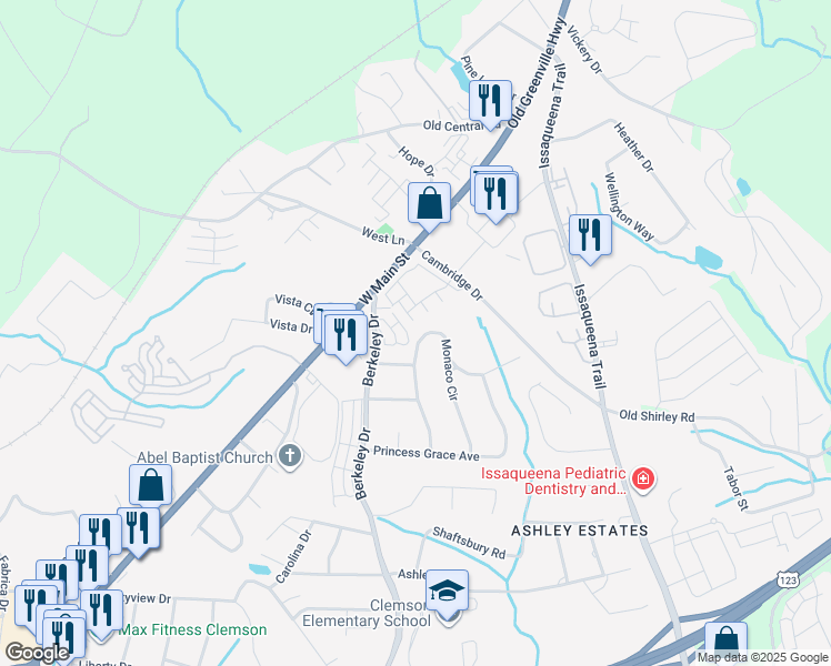 map of restaurants, bars, coffee shops, grocery stores, and more near 205 Monaco Circle in Clemson