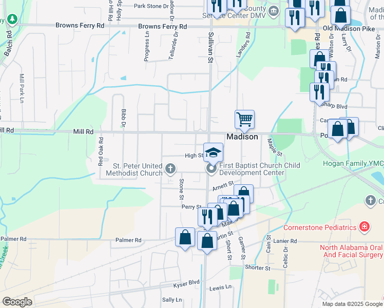 map of restaurants, bars, coffee shops, grocery stores, and more near 313 Oak Street in Madison