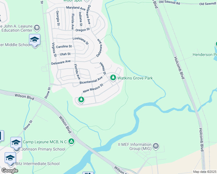 map of restaurants, bars, coffee shops, grocery stores, and more near 6801 Montana Street in Camp Lejeune