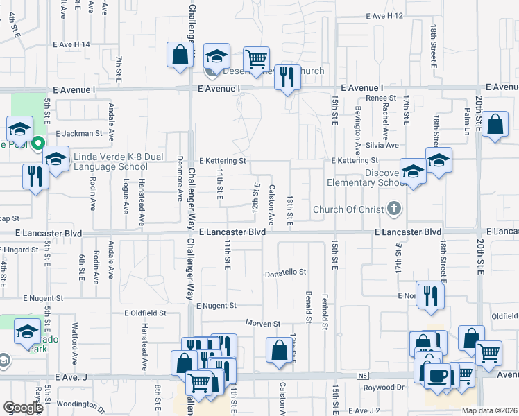map of restaurants, bars, coffee shops, grocery stores, and more near 44826 12th Street East in Lancaster