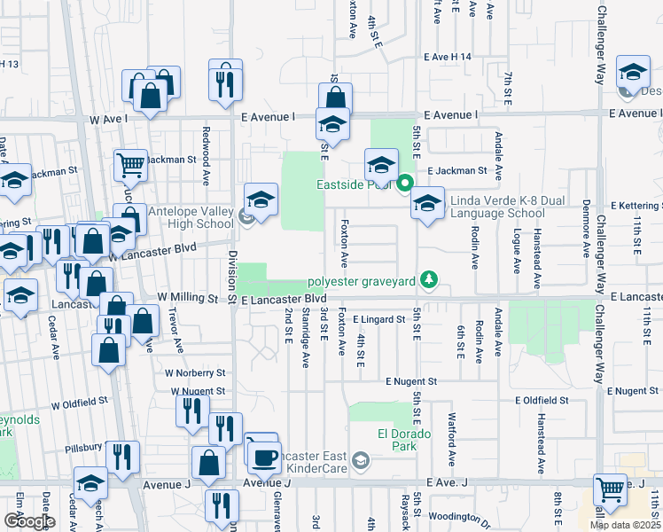 map of restaurants, bars, coffee shops, grocery stores, and more near 44839 Foxton Avenue in Lancaster