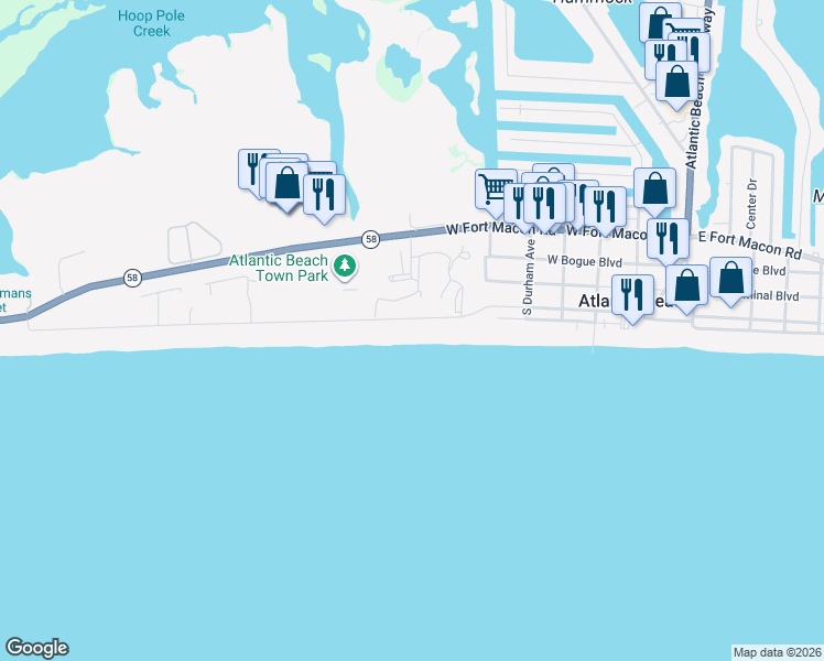 map of restaurants, bars, coffee shops, grocery stores, and more near 215 Ocean Ridge Drive in Atlantic Beach