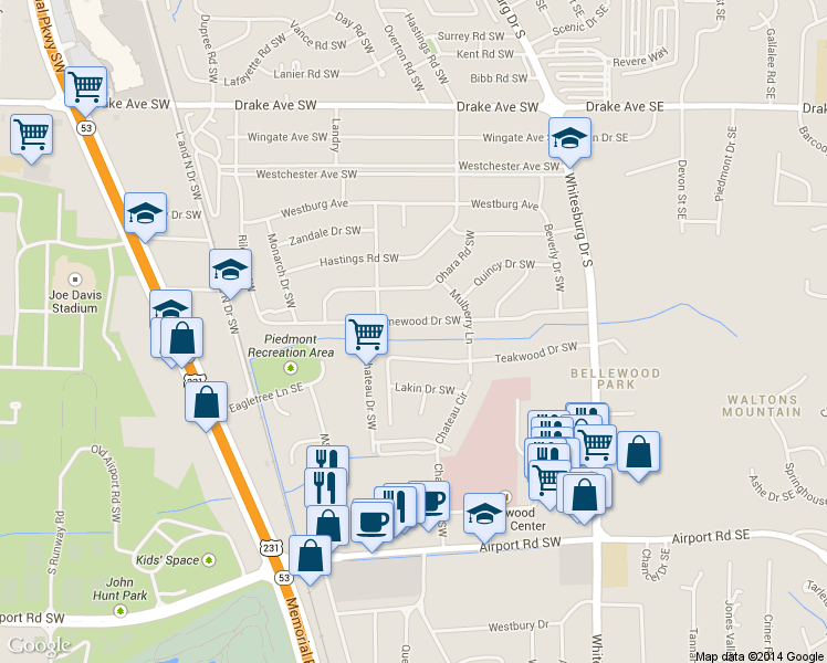 map of restaurants, bars, coffee shops, grocery stores, and more near 411 Homewood Drive Southwest in Huntsville
