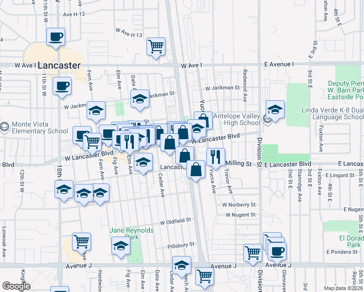 map of restaurants, bars, coffee shops, grocery stores, and more near 44849 Sierra Highway in Lancaster