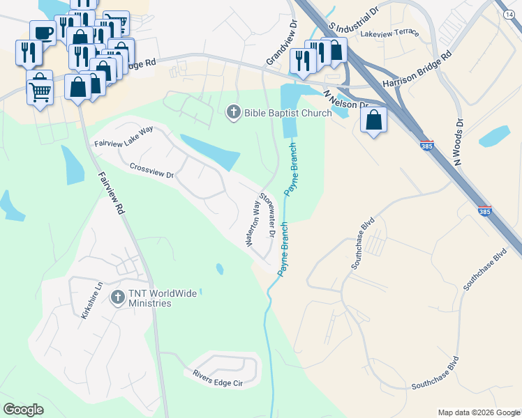 map of restaurants, bars, coffee shops, grocery stores, and more near 305 Waterton Way in Simpsonville
