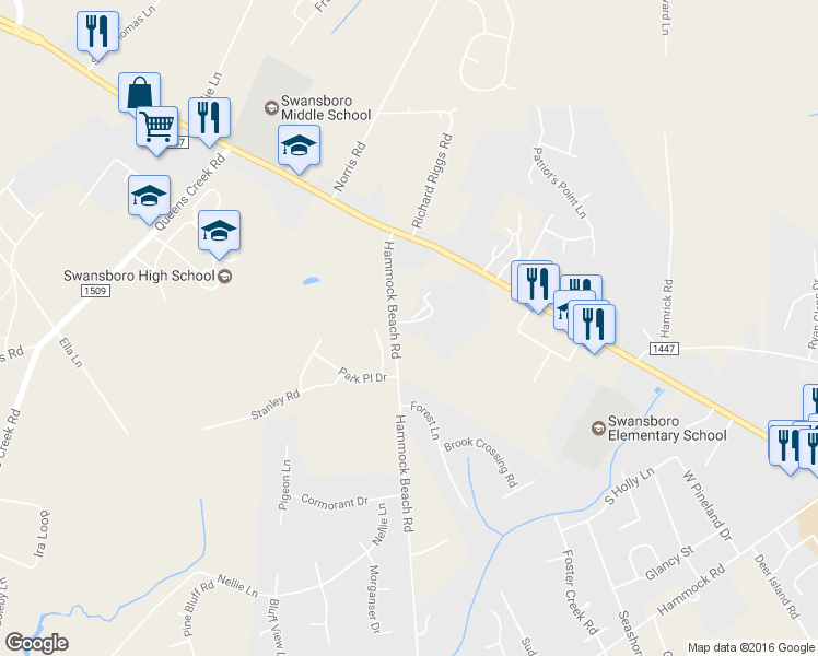 map of restaurants, bars, coffee shops, grocery stores, and more near 6 Schooner Drive in Swansboro