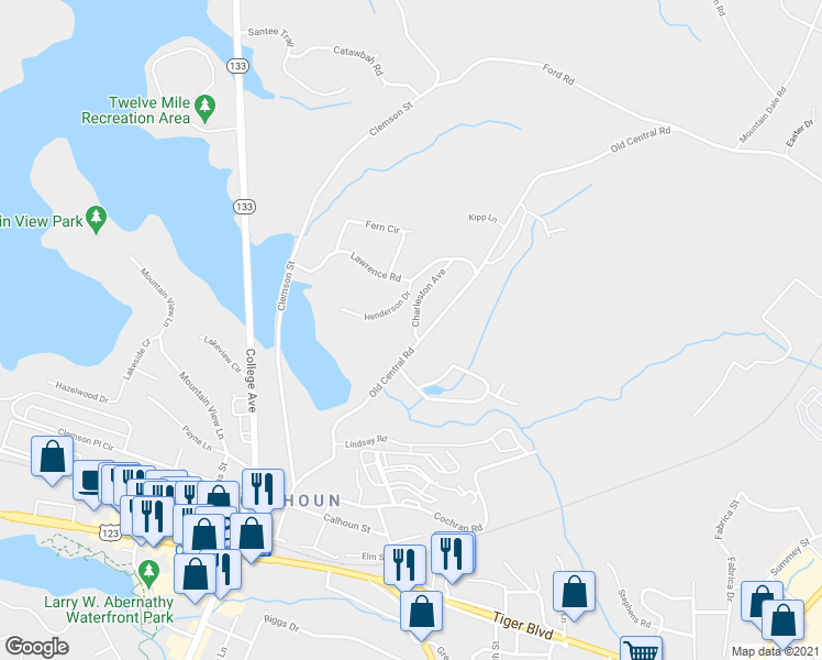 map of restaurants, bars, coffee shops, grocery stores, and more near 201 Charleston Avenue in Clemson