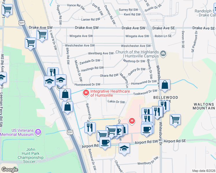 map of restaurants, bars, coffee shops, grocery stores, and more near 411 Homewood Drive Southwest in Huntsville
