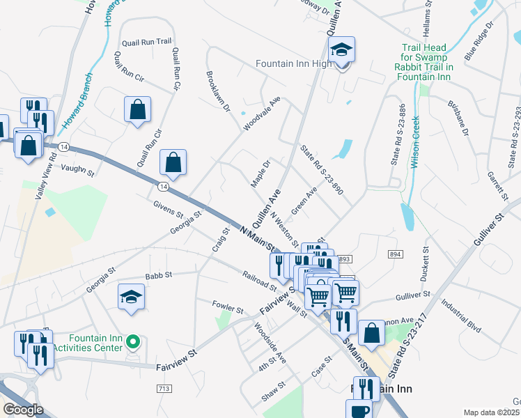map of restaurants, bars, coffee shops, grocery stores, and more near 105 Quillen Avenue in Fountain Inn