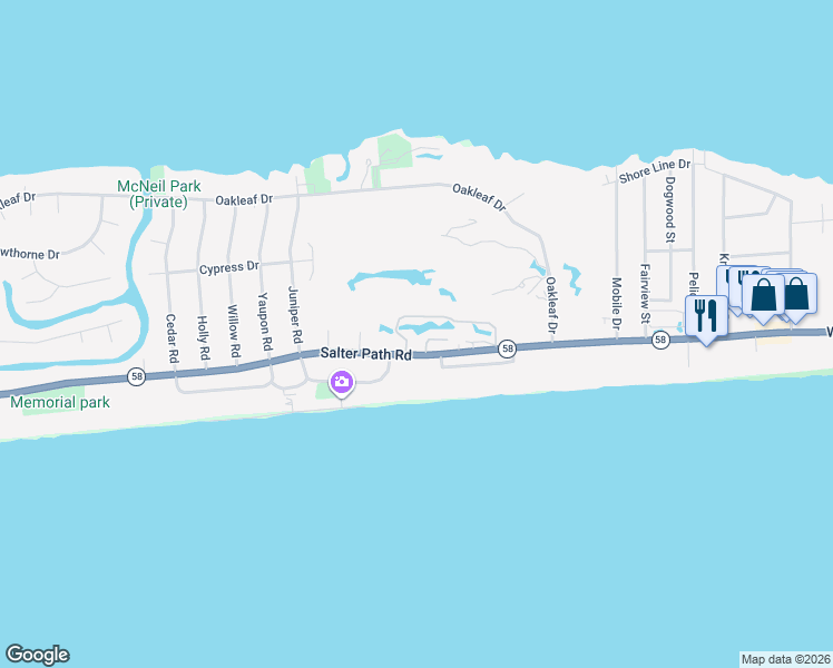 map of restaurants, bars, coffee shops, grocery stores, and more near 132 Salter Path Road in Pine Knoll Shores