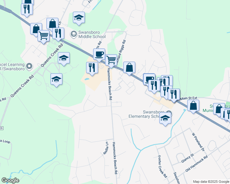 map of restaurants, bars, coffee shops, grocery stores, and more near 6 Schooner Drive in Swansboro