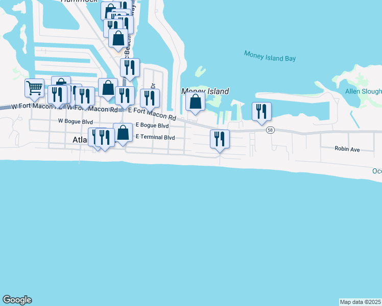 map of restaurants, bars, coffee shops, grocery stores, and more near 407 East Boardwalk Boulevard in Atlantic Beach