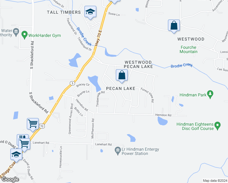 map of restaurants, bars, coffee shops, grocery stores, and more near 5701 Timberside Road in Little Rock
