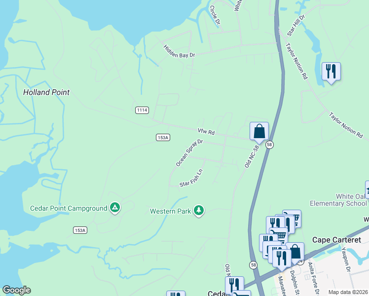 map of restaurants, bars, coffee shops, grocery stores, and more near 228 Ocean Spray Drive in Swansboro