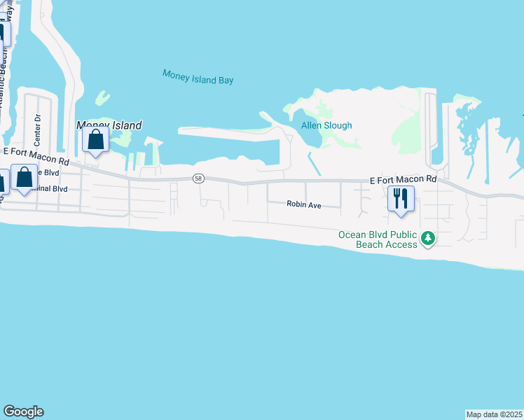 map of restaurants, bars, coffee shops, grocery stores, and more near 204 Dunes Avenue in Atlantic Beach