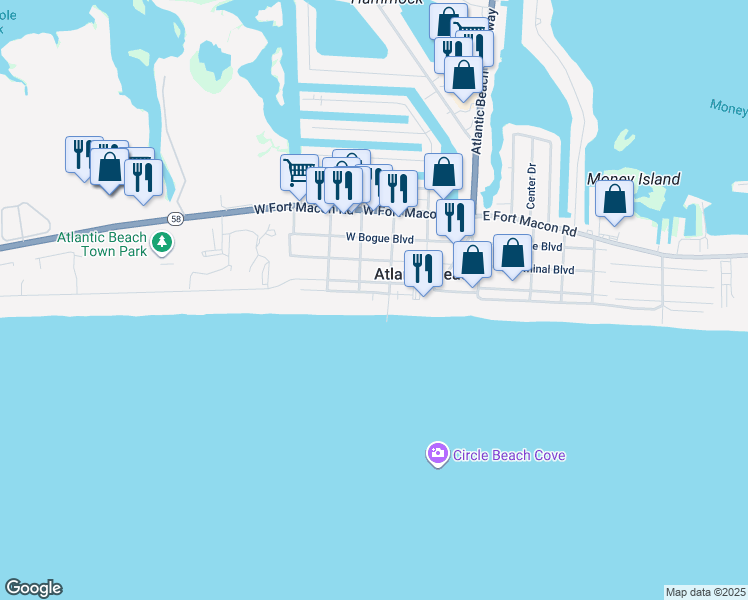 map of restaurants, bars, coffee shops, grocery stores, and more near 309 West Boardwalk Boulevard in Atlantic Beach