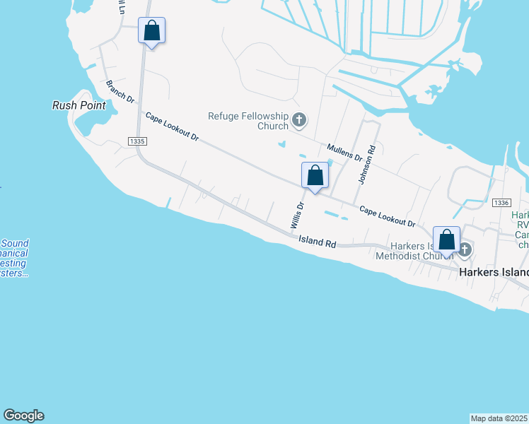 map of restaurants, bars, coffee shops, grocery stores, and more near 645 Island Road in Harkers Island