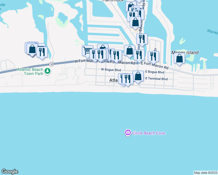 map of restaurants, bars, coffee shops, grocery stores, and more near 309 West Boardwalk Boulevard in Atlantic Beach
