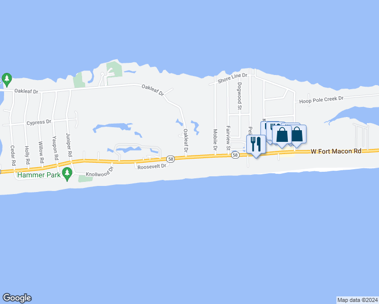 map of restaurants, bars, coffee shops, grocery stores, and more near 116 Salter Path Road in Atlantic Beach