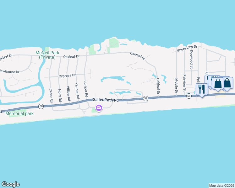 map of restaurants, bars, coffee shops, grocery stores, and more near 130 Salter Path Road in Pine Knoll Shores