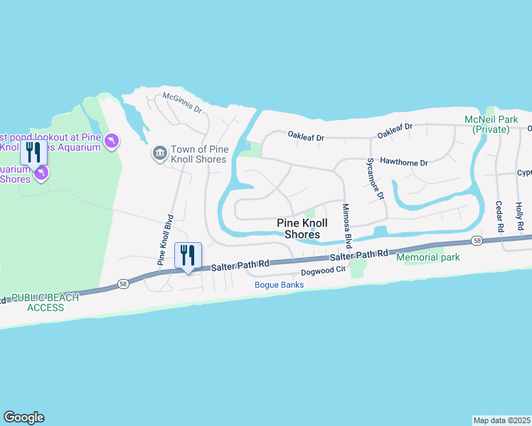 map of restaurants, bars, coffee shops, grocery stores, and more near 132 Loblolly Drive in Pine Knoll Shores