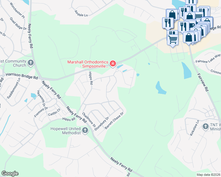 map of restaurants, bars, coffee shops, grocery stores, and more near 354 Belle Oak Drive in Simpsonville
