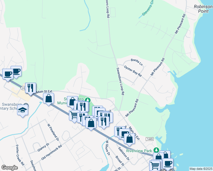 map of restaurants, bars, coffee shops, grocery stores, and more near in Swansboro