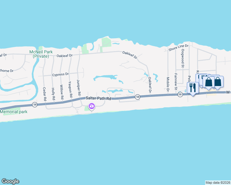 map of restaurants, bars, coffee shops, grocery stores, and more near 130 Salter Path Road in Pine Knoll Shores