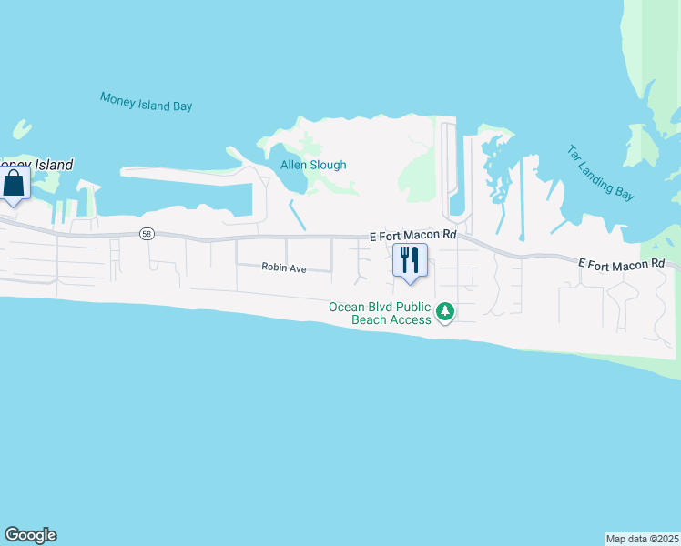 map of restaurants, bars, coffee shops, grocery stores, and more near 201 Freeman Lane in Atlantic Beach