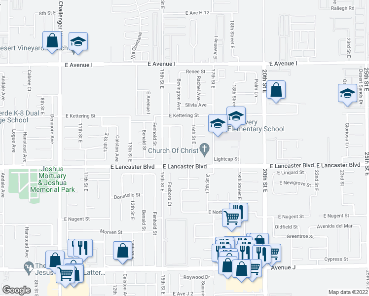 map of restaurants, bars, coffee shops, grocery stores, and more near 44842 Caboose Drive in Lancaster