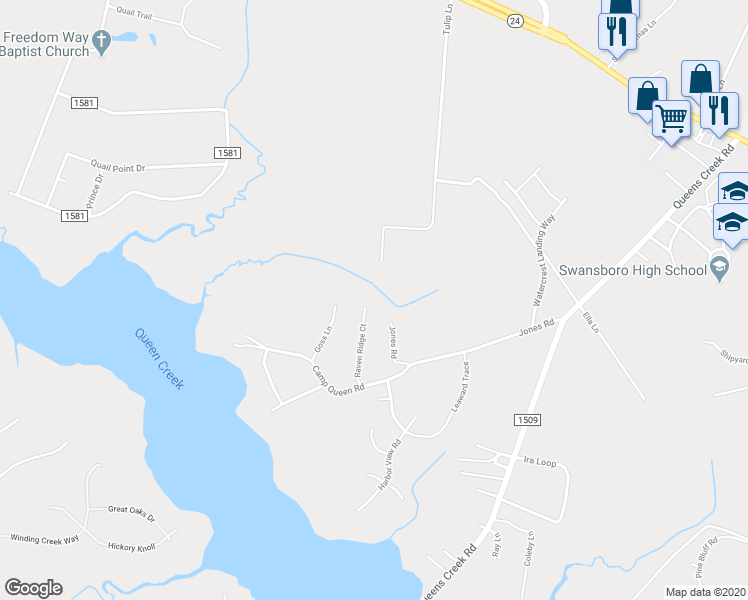 map of restaurants, bars, coffee shops, grocery stores, and more near 218 Raven Ridge Court in Swansboro