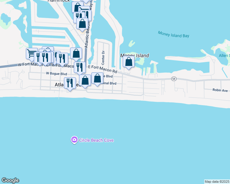 map of restaurants, bars, coffee shops, grocery stores, and more near 305 East Boardwalk in Atlantic Beach