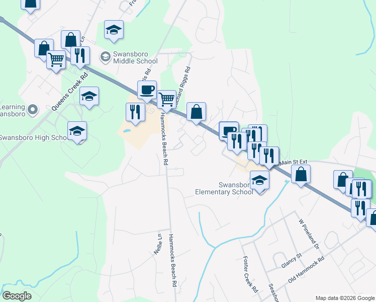 map of restaurants, bars, coffee shops, grocery stores, and more near 34 Schooner Drive in Swansboro
