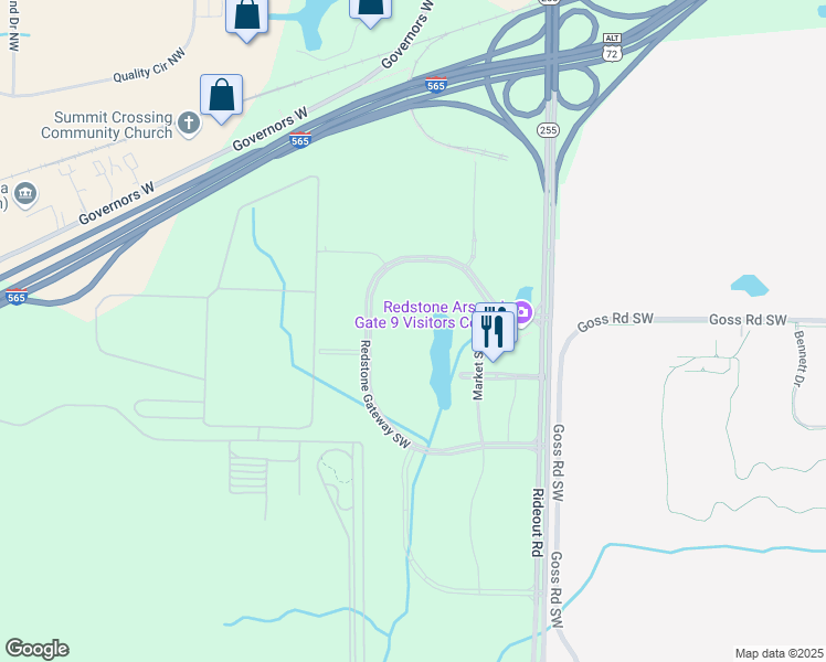 map of restaurants, bars, coffee shops, grocery stores, and more near 6200 Redstone Gateway Southwest in Huntsville