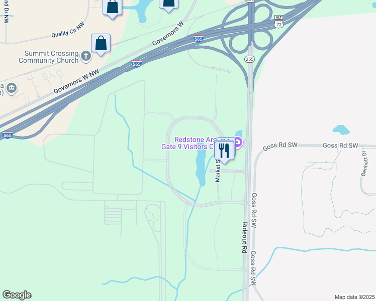 map of restaurants, bars, coffee shops, grocery stores, and more near 6200 Redstone Gateway Southwest in Huntsville