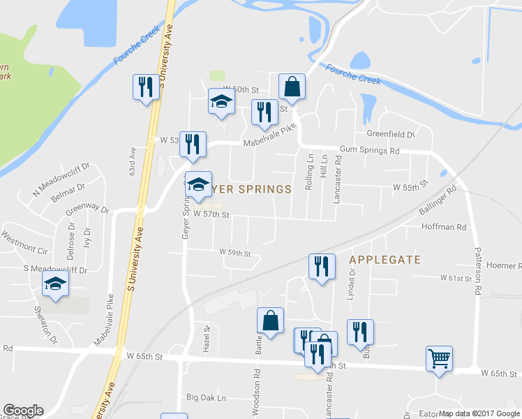 map of restaurants, bars, coffee shops, grocery stores, and more near 5600 West 57th Street in Little Rock