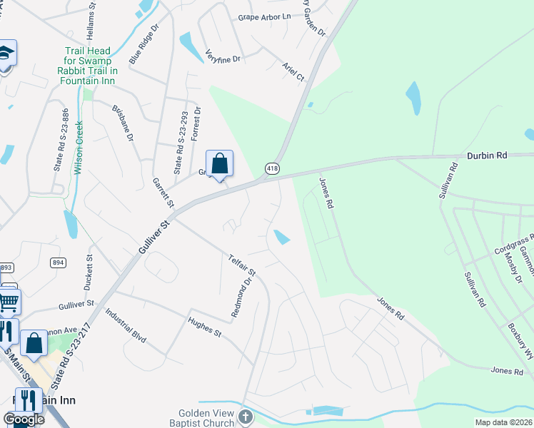 map of restaurants, bars, coffee shops, grocery stores, and more near 2 Augustine Court in Fountain Inn